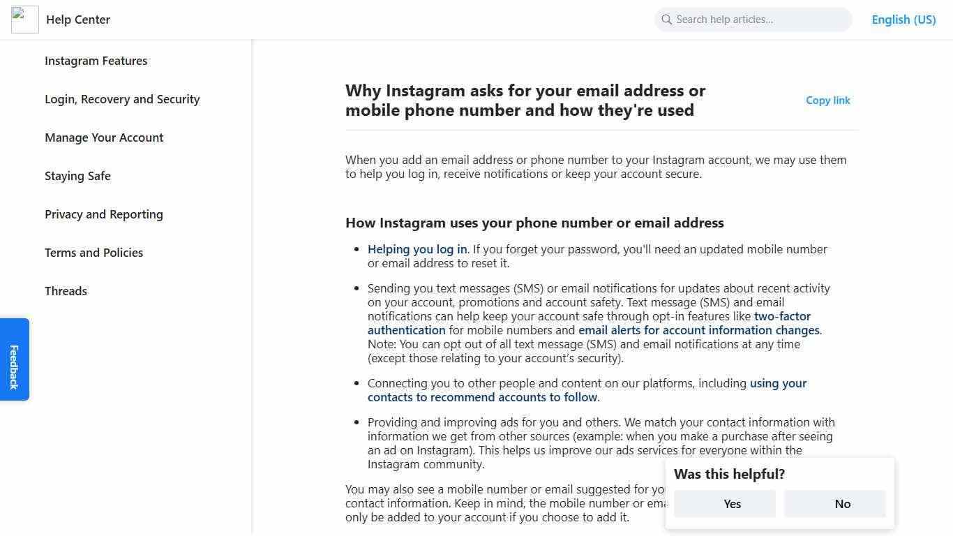 ​​Why Instagram asks for your email address or mobile phone number and how they're used | Instagram Help Center